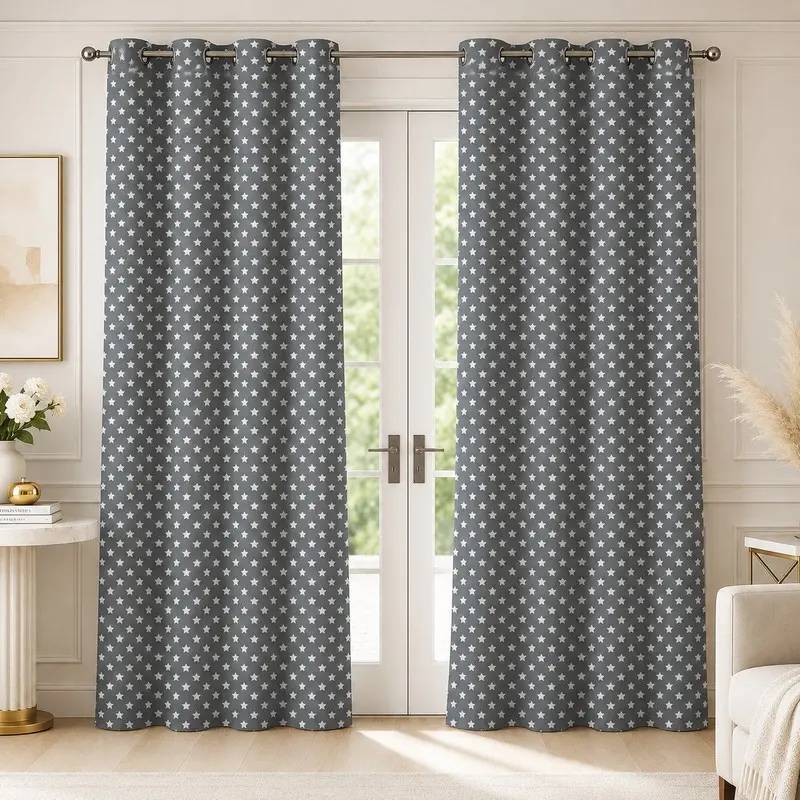 Star World Printed Cotton Curtains (Grey) - Set of Two