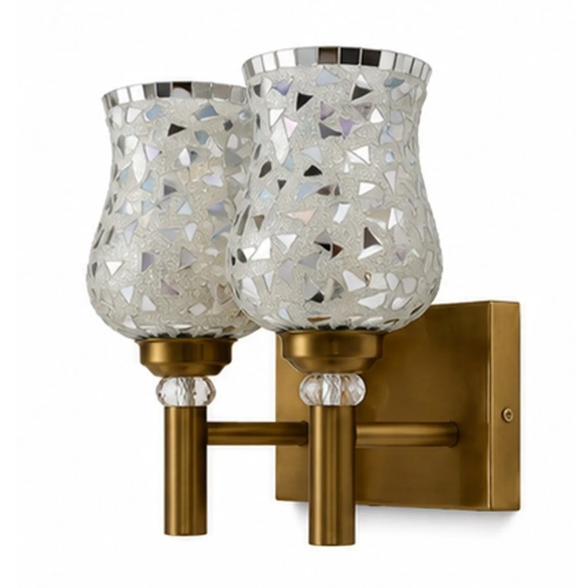 Angled view showing the mosaic glass shades and gold-toned wall-mounted base.