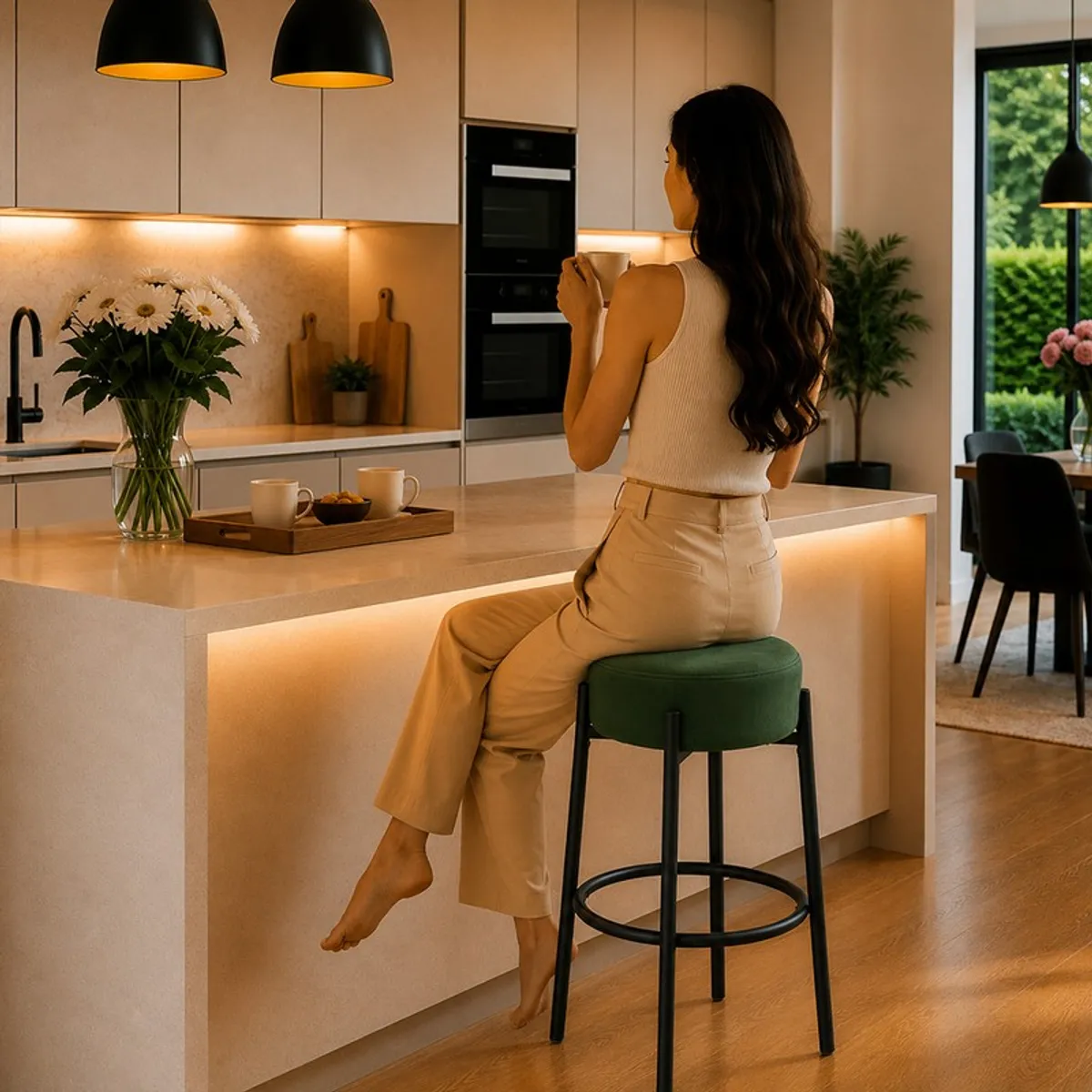 Person seated on a green bar stool at a kitchen island
