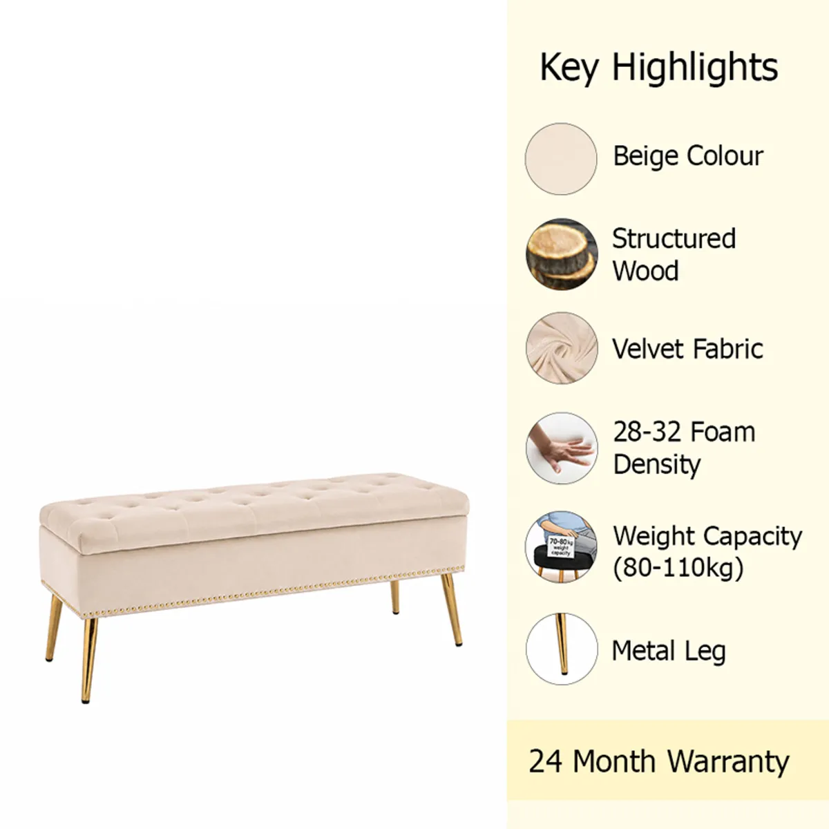 Beige lounge bench shown with a visible product highlights panel.