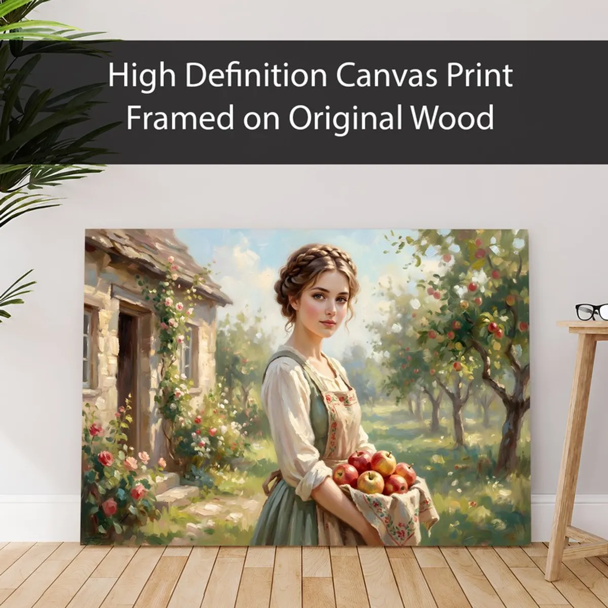 Canvas print with portrait artwork leaning against a wall indoors