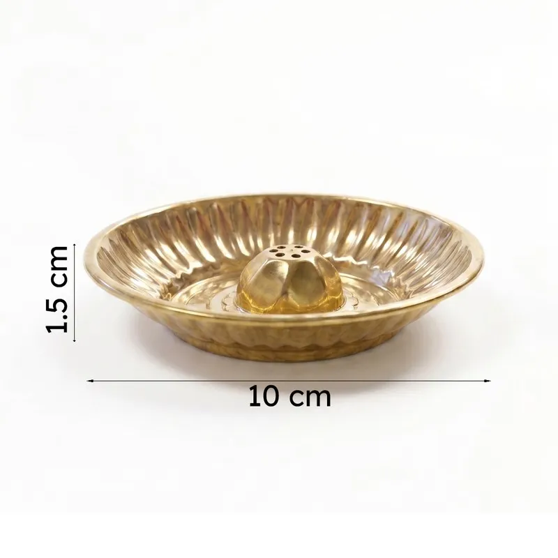 Side view of round brass incense holder with size markings shown