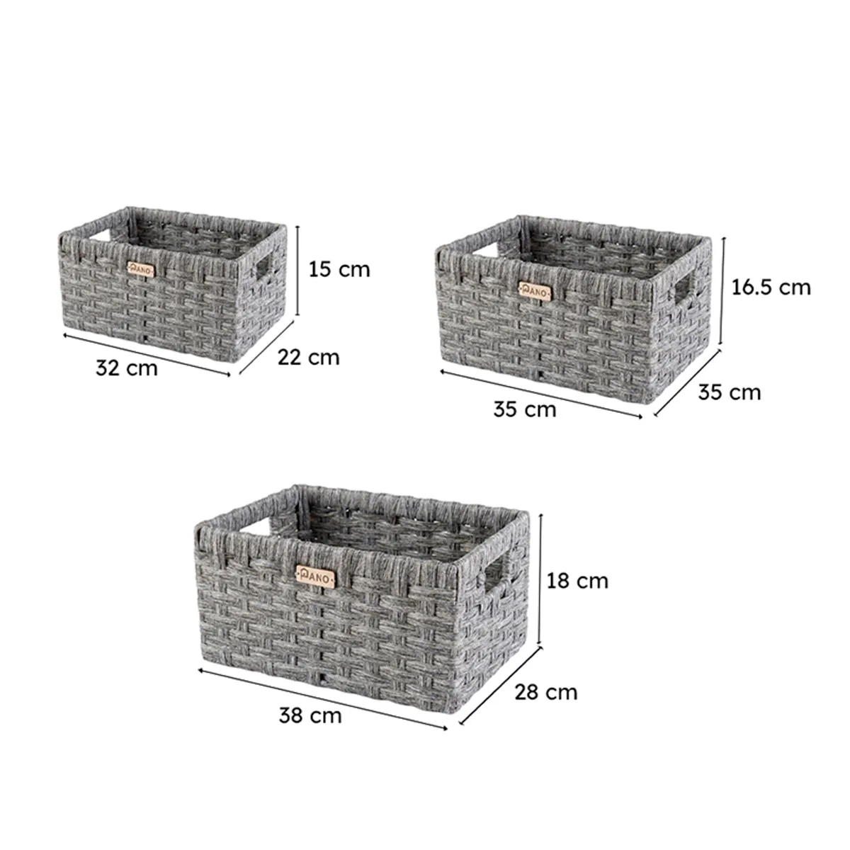 Three grey storage baskets with size labels shown separately