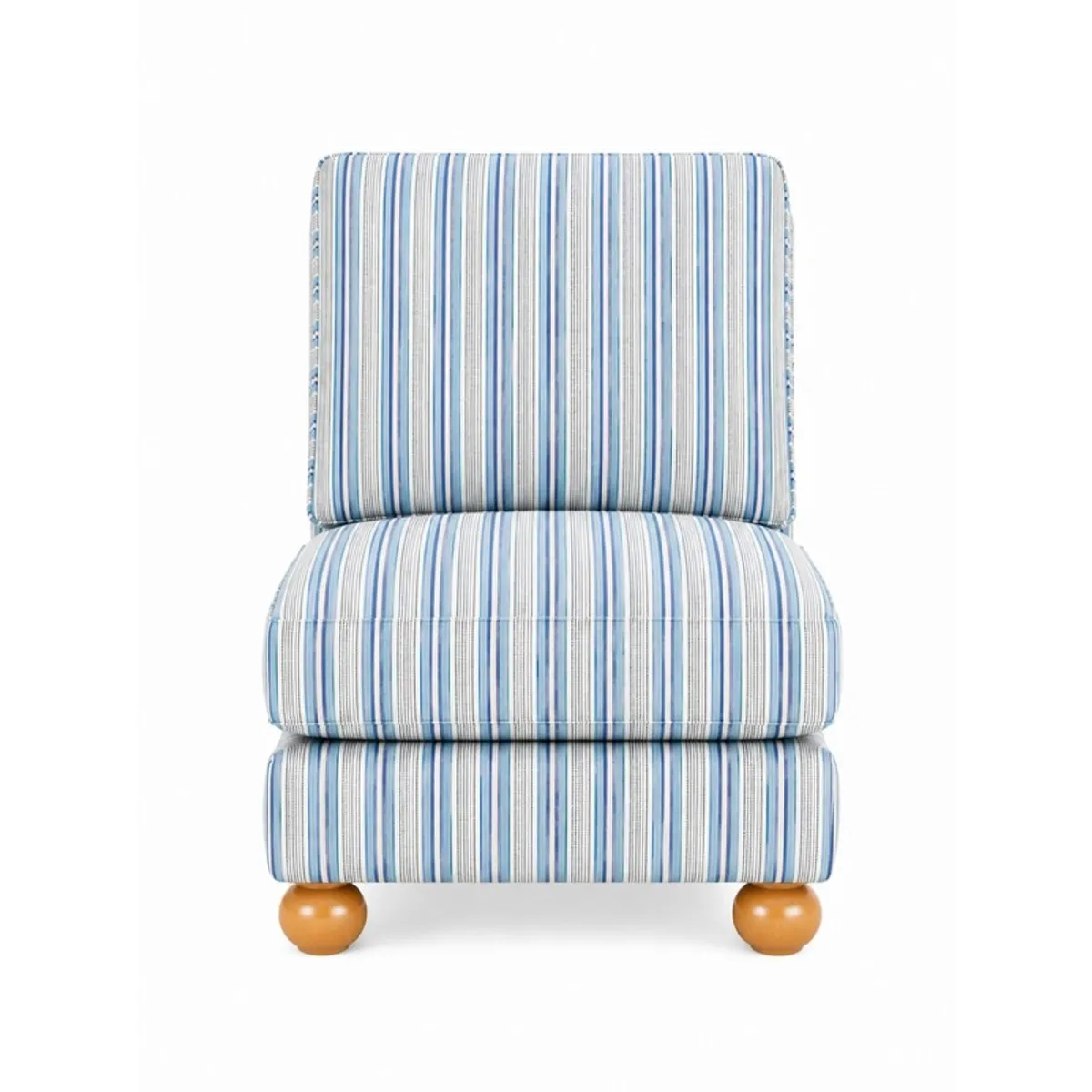 Front view of a white and blue striped upholstered accent chair