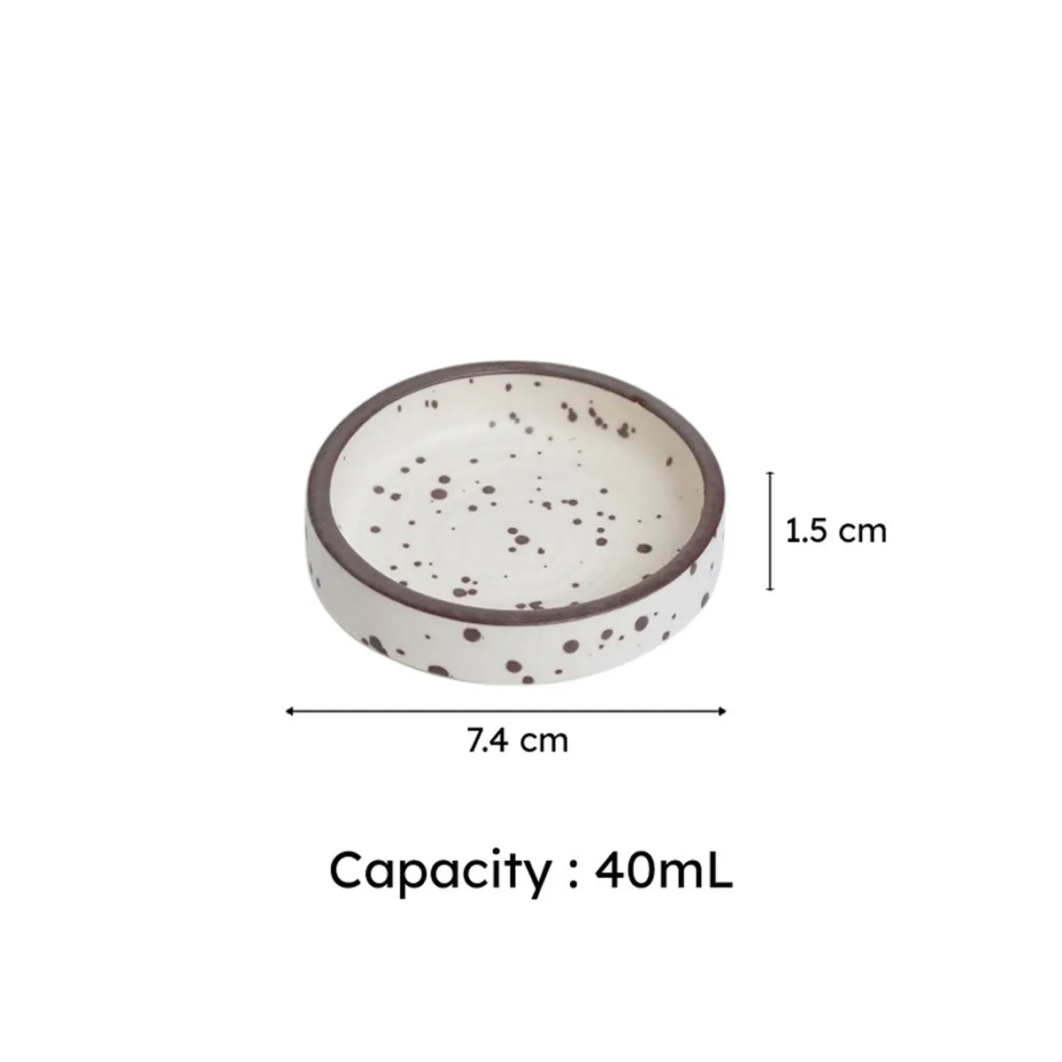 Single speckled ceramic dip bowl with dimensions shown visually