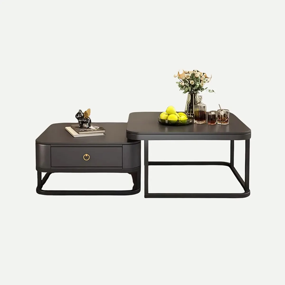 Two-piece dark accent table set with one drawer and one open base