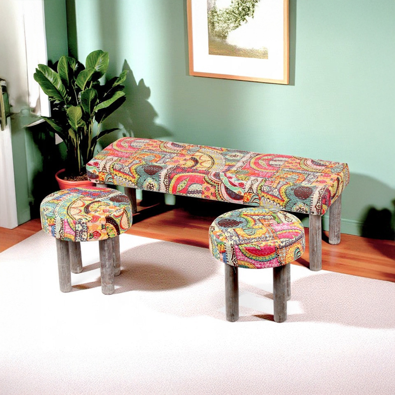 Bexon Sheesham Wooden Bench With Stools (Multicolor) - Three Piece Set