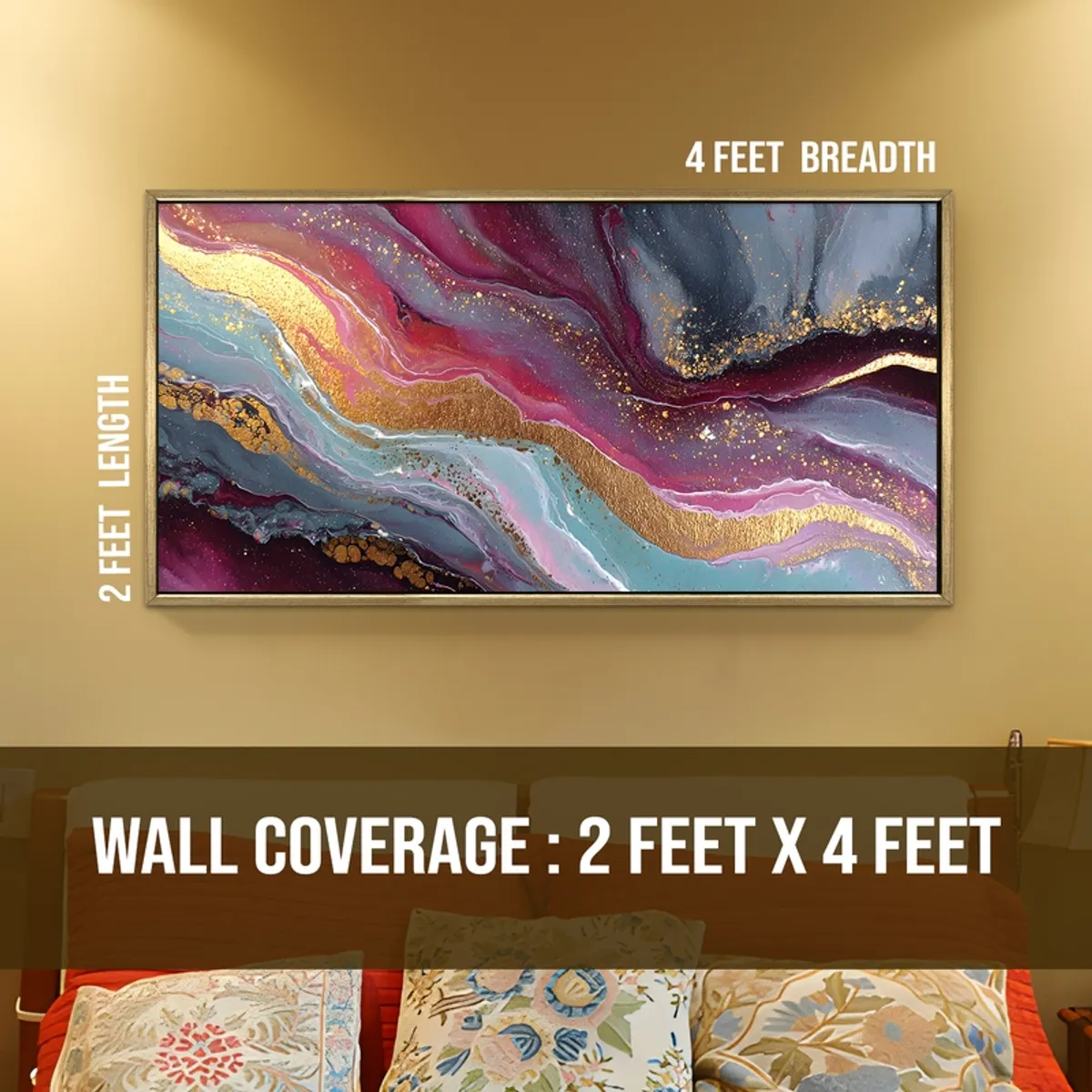 Large rectangular abstract wall painting with gold, purple and blue flowing design