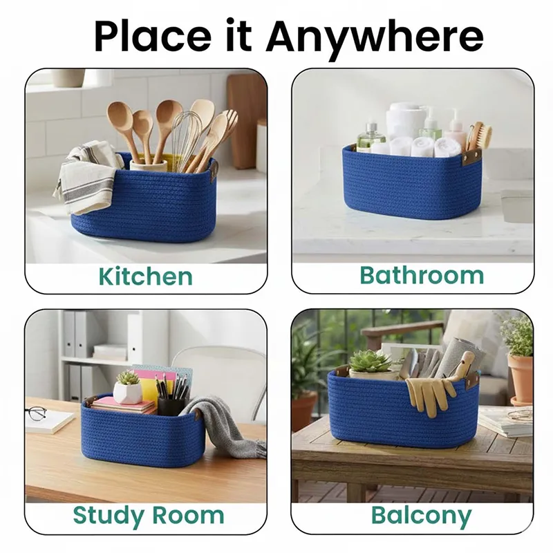 Blue rectangular basket shown in kitchen, bathroom, study and balcony settings