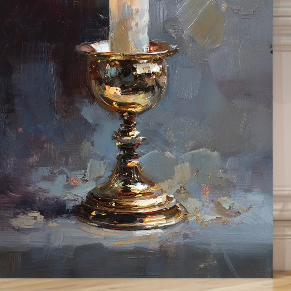Close-up of the brass candlestick detail in the canvas wall painting