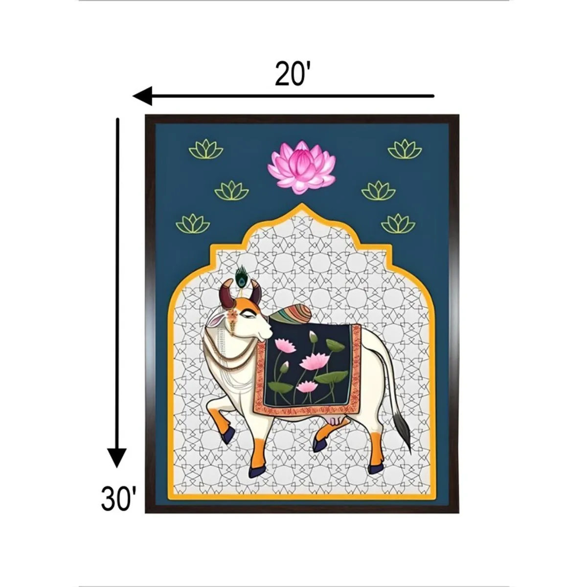 Framed cow motif canvas wall painting shown with printed size markings