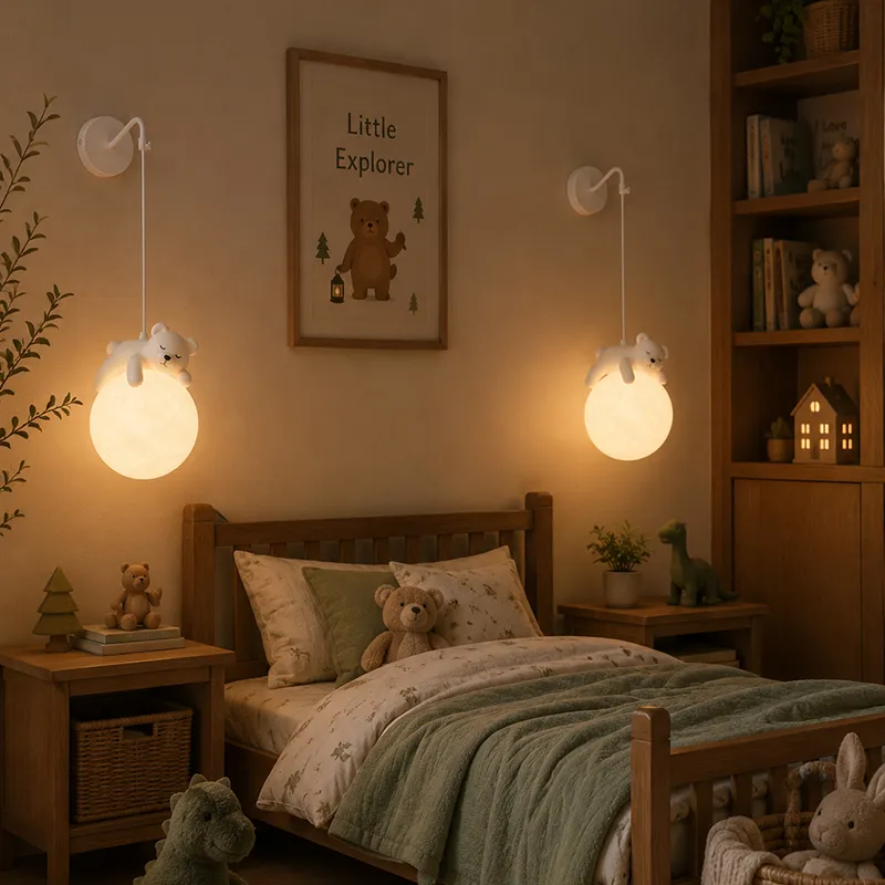 Two glowing bear wall lamps styled in a warm children's bedroom