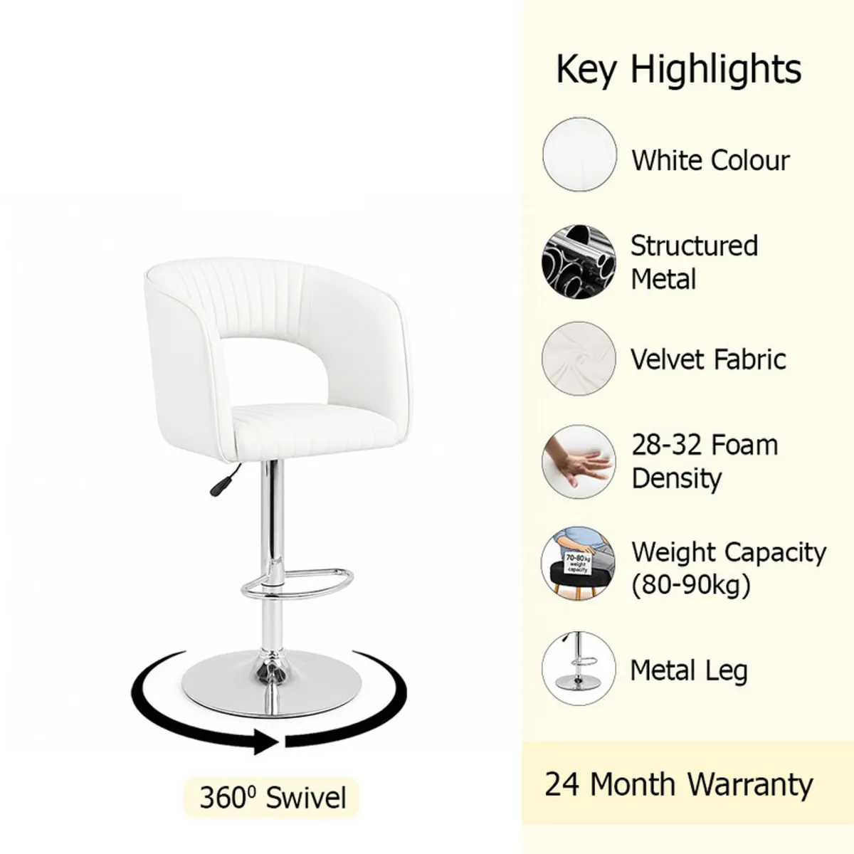 White bar chair with chrome base and ribbed upholstery detail
