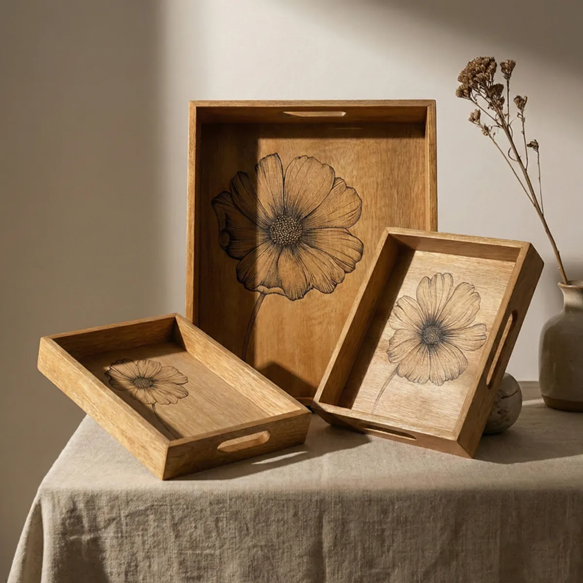 Three wooden floral trays displayed at different angles on a draped table