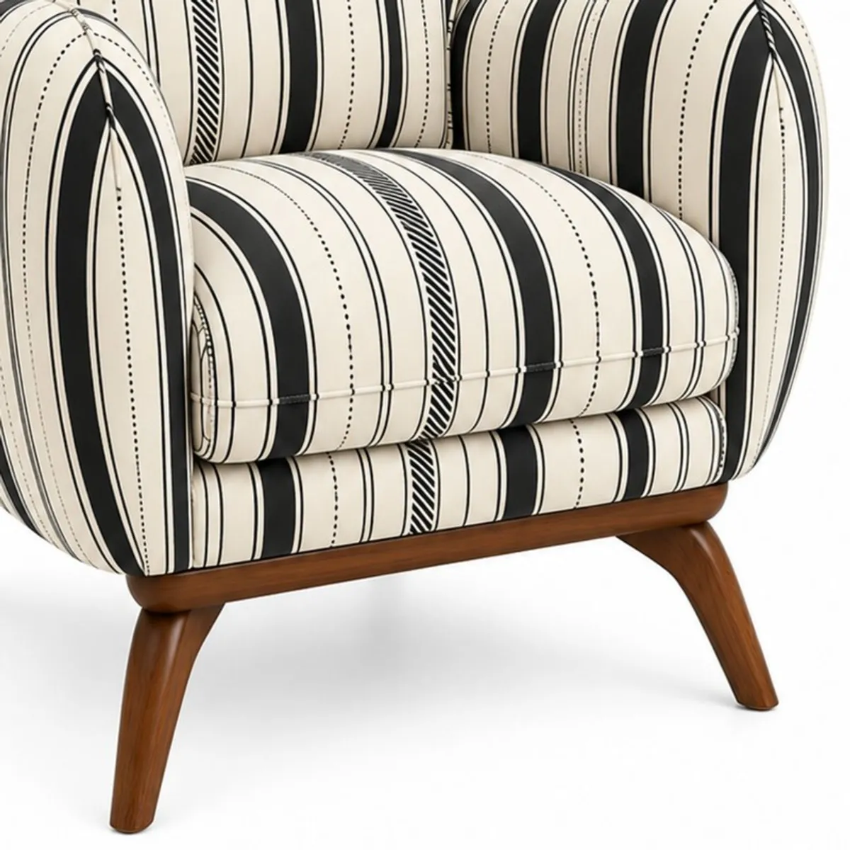 Close-up of striped seat upholstery and brown wood frame