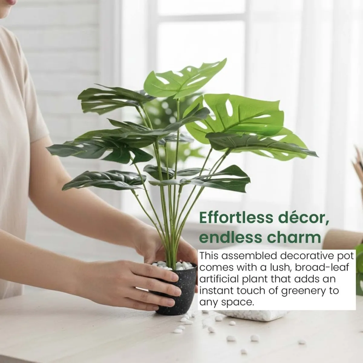 Person placing an artificial Monstera plant in a black pot on a counter.