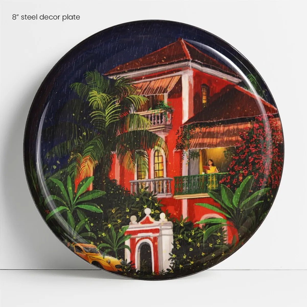 Small round scenic wall plate with red house artwork