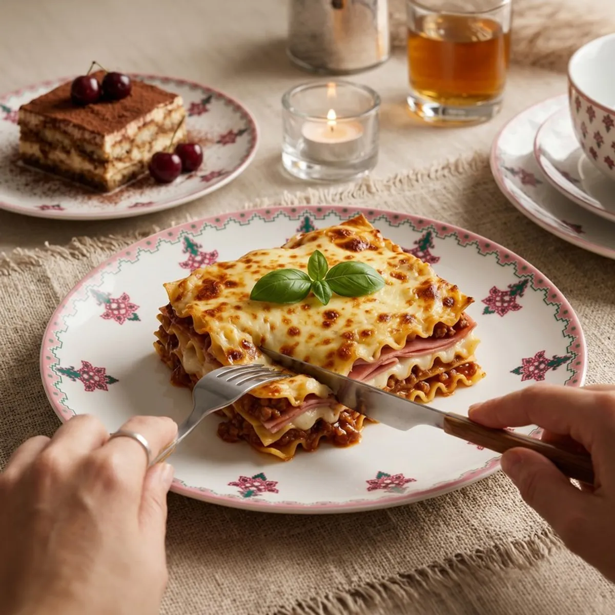 Pink and white floral plate holding a serving of lasagna on a dining table.