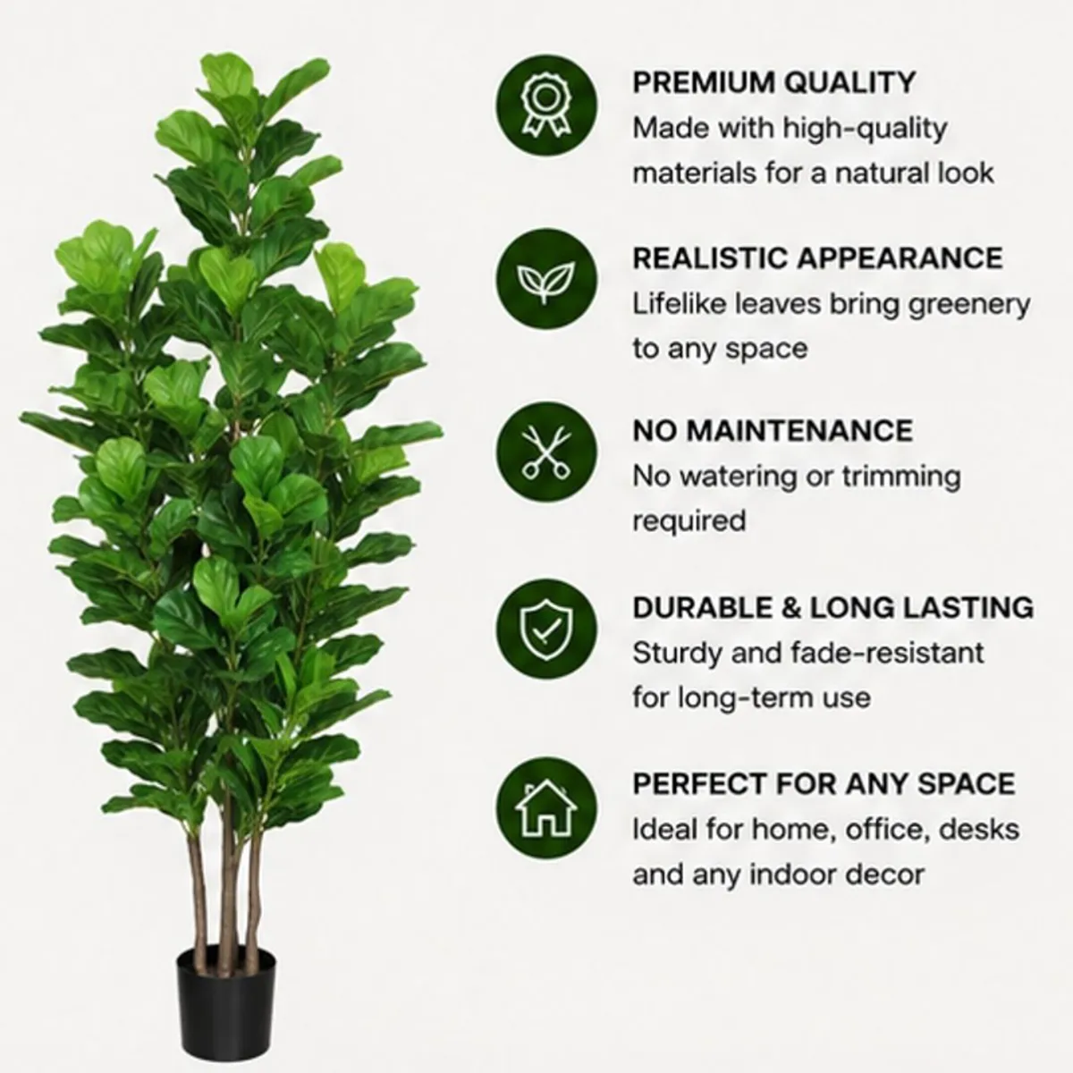 Artificial fiddle leaf fig tree with dense green foliage and black pot