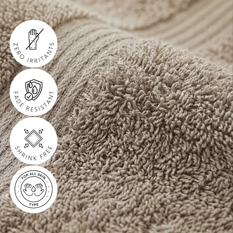 Close-up of beige towel texture with feature icons overlaid