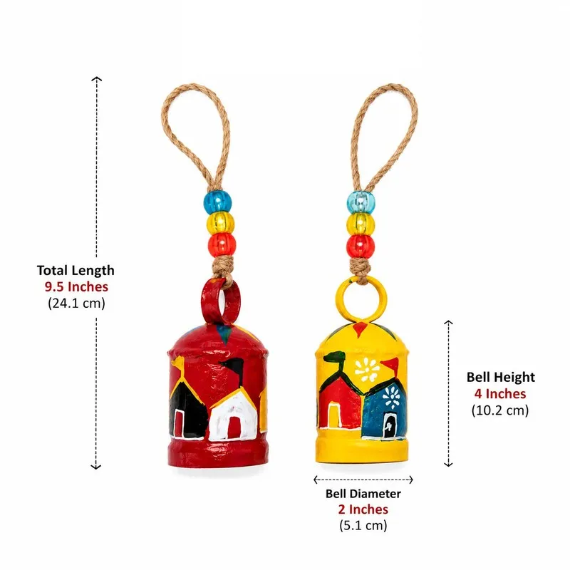 Two painted hanging bells with rope loops shown against a white background