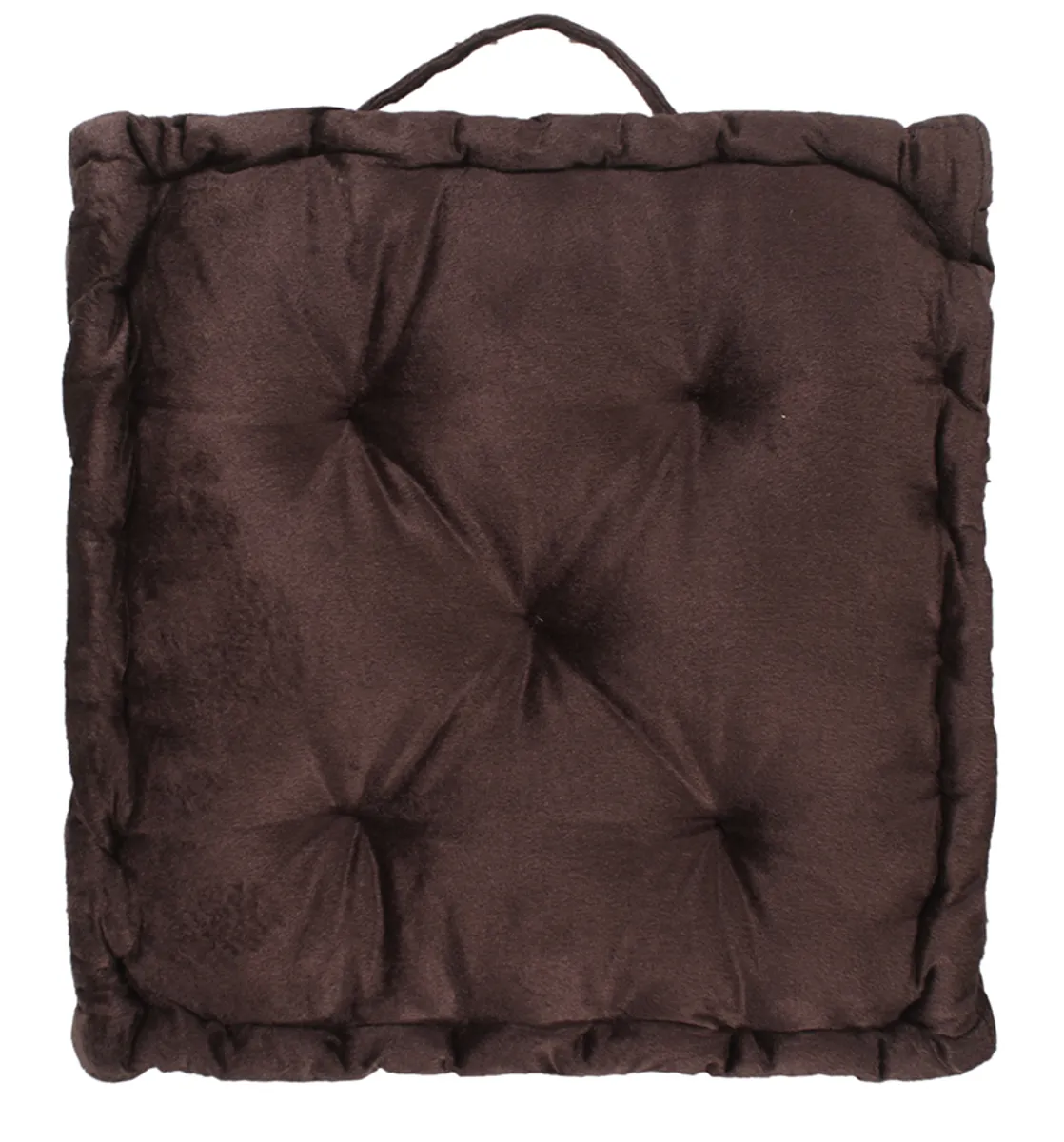 Close view of a brown square velvet cushion with a top handle