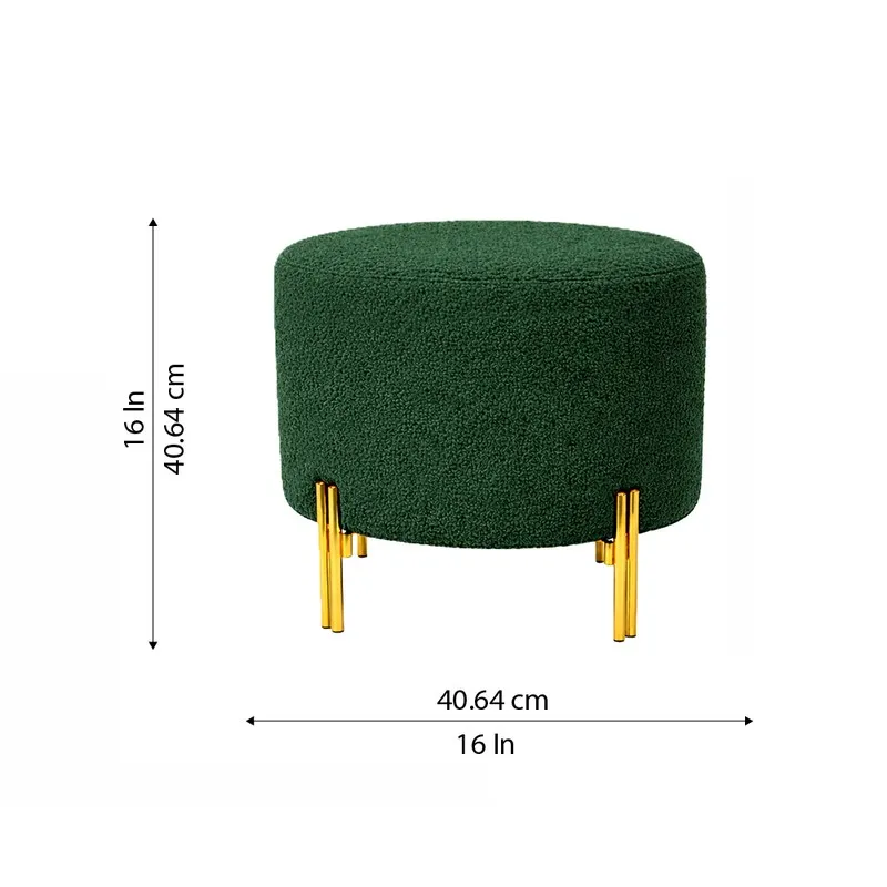 Green round ottoman with gold legs shown with its 16-inch dimensions