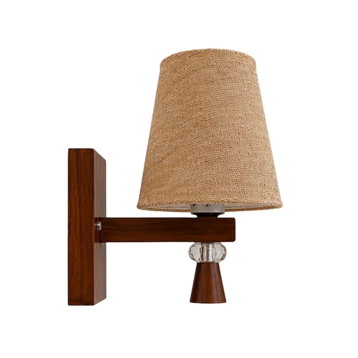 Side view of a brown wood wall lamp with a tapered textured jute shade.