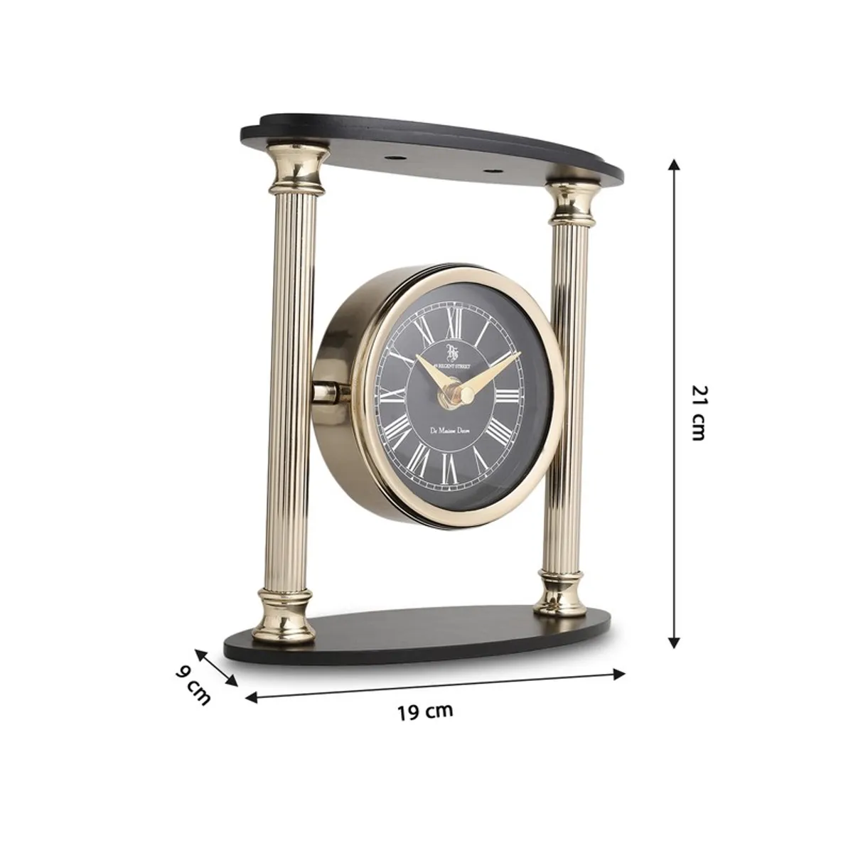 Gold and black table clock with dimensions shown in the image