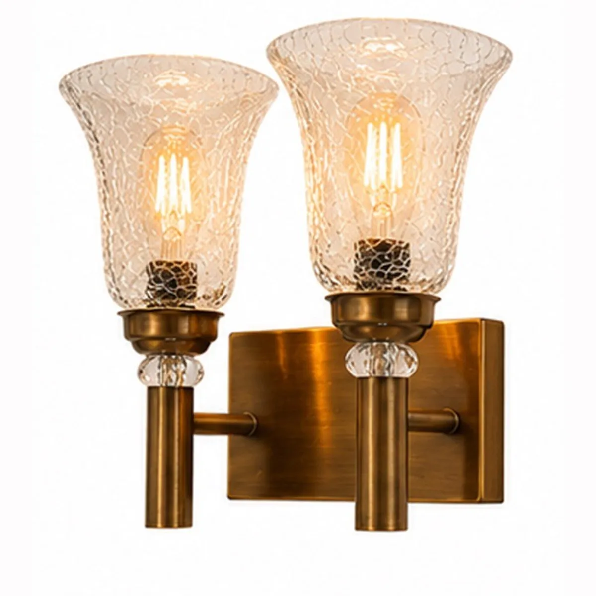 Angled product view of gold twin wall lamp with textured glass shades