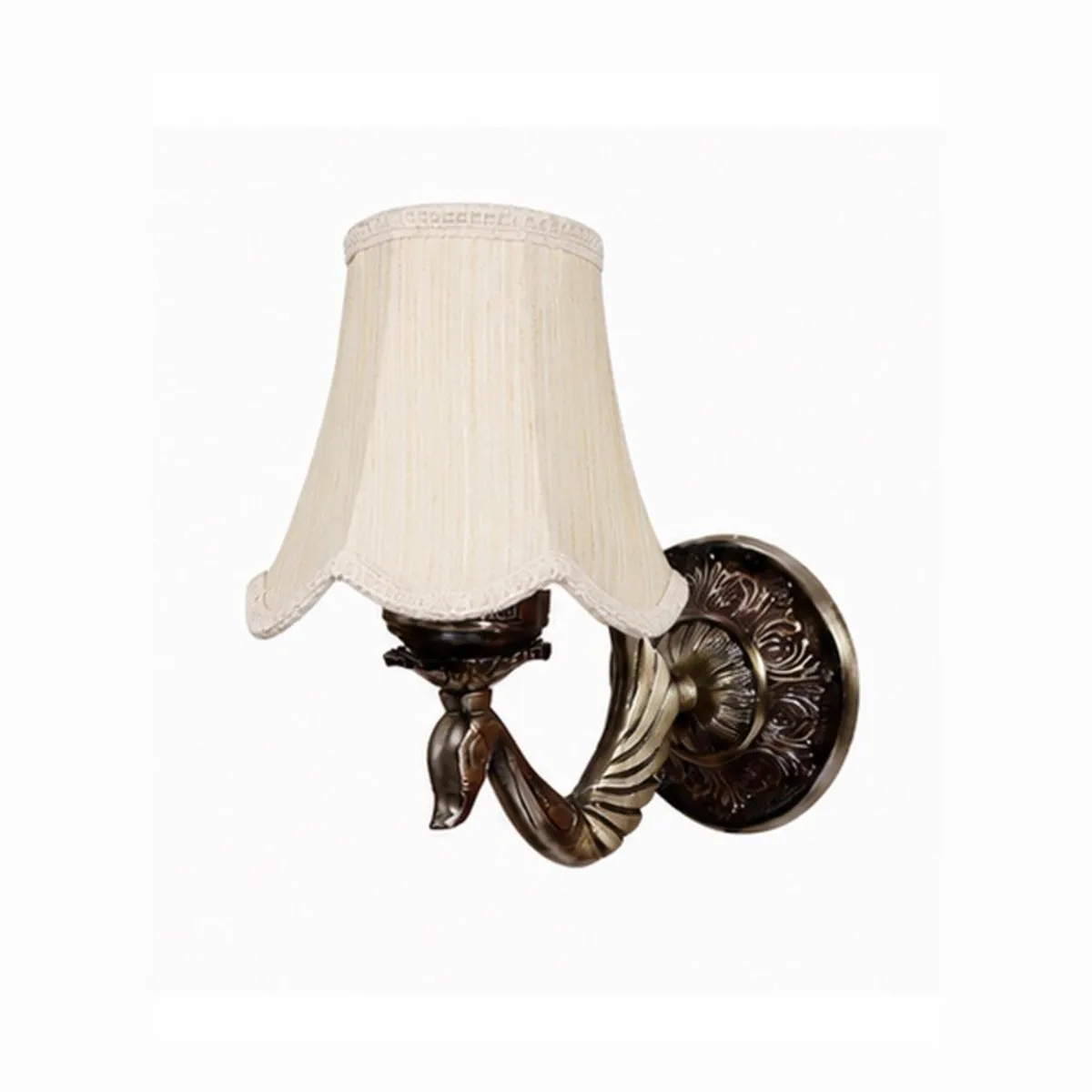 White cotton-shade wall lamp with ornate metal base isolated on a white background
