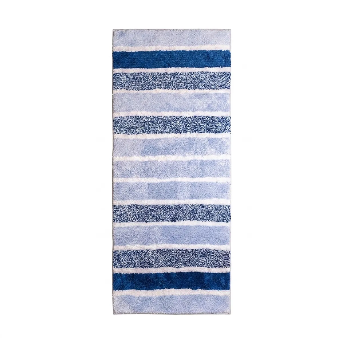 Blue plush runner with horizontal pastel and navy stripes on a white background