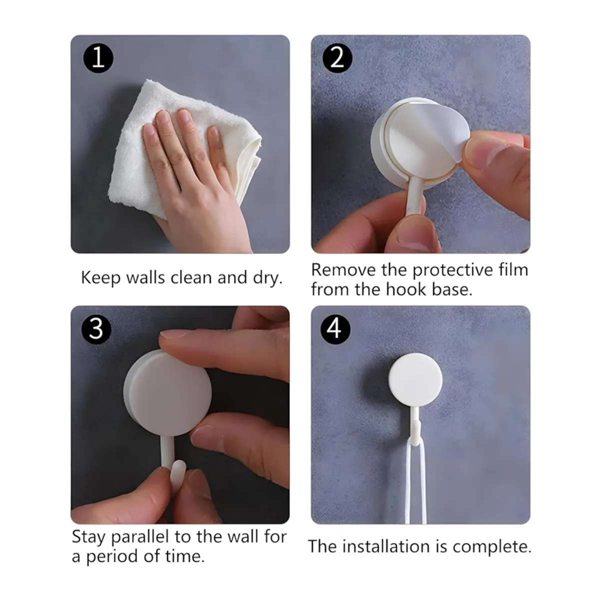 Four-step visual showing a round adhesive hook being cleaned, attached and used.
