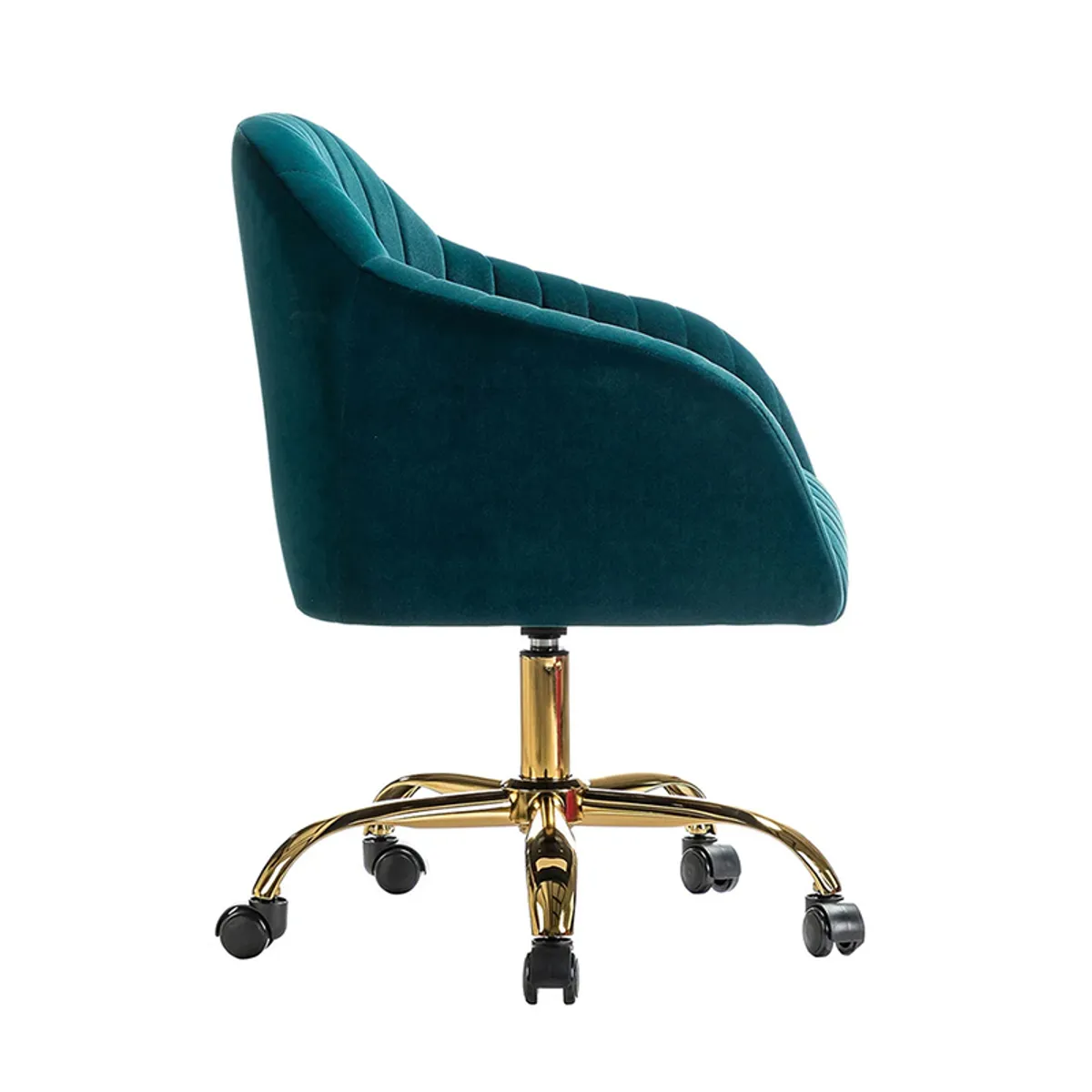 Side view of a teal upholstered office chair with a curved back and gold metal base
