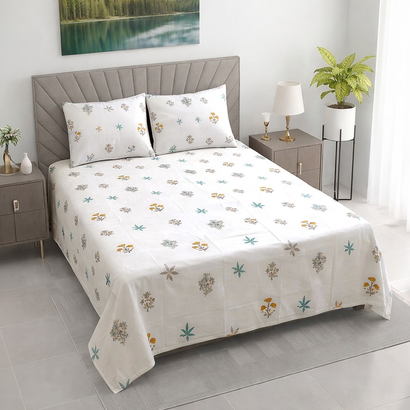 DreamDrape Cotton Bedsheet (Yellow,Green) - 400 TC - King