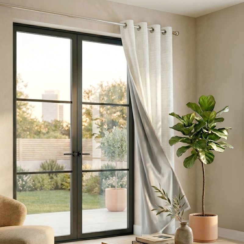Meya Self Design Cotton Curtains With Lining - Ivory - Window - 5 Feet