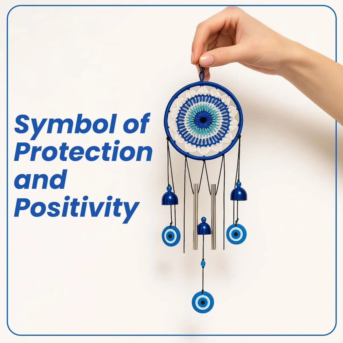 Blue evil-eye wind chime with circular motif and hanging metal chimes