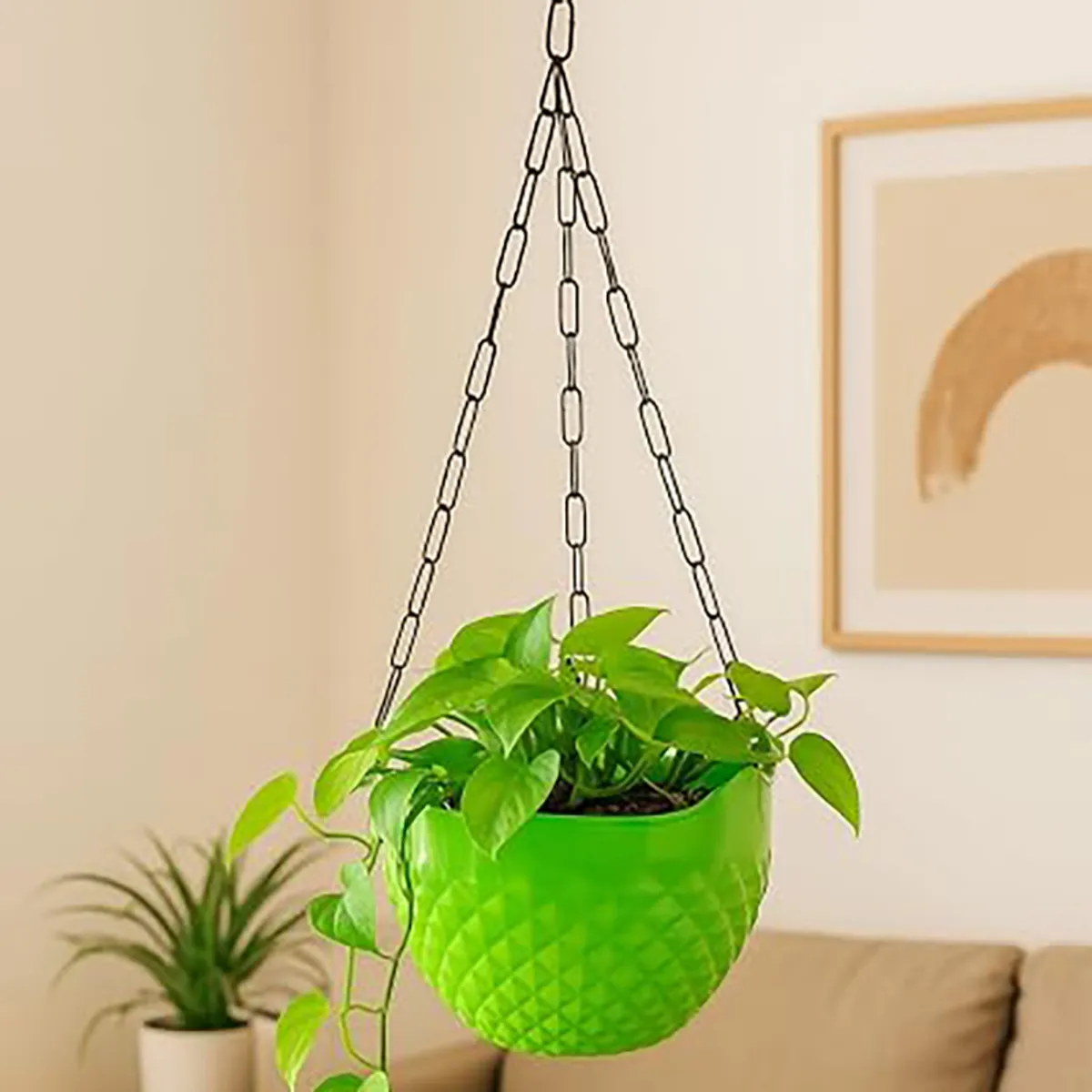 Bright green textured hanging planter with chain and leafy indoor plant.