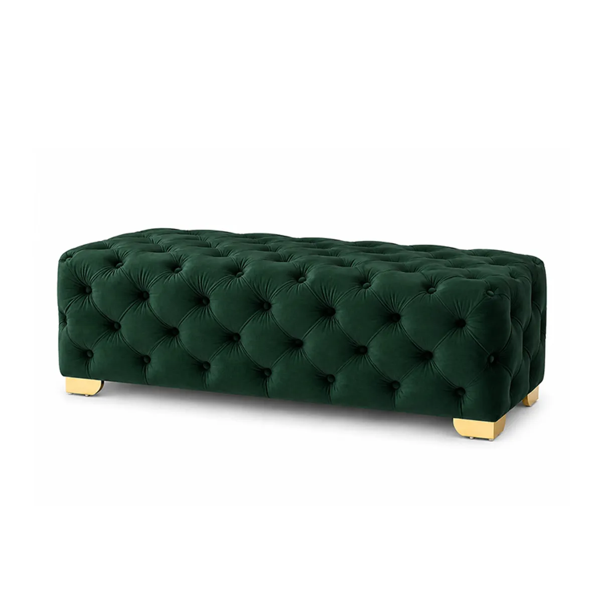 Angled view of a green velvet button-tufted bench with gold-finished legs