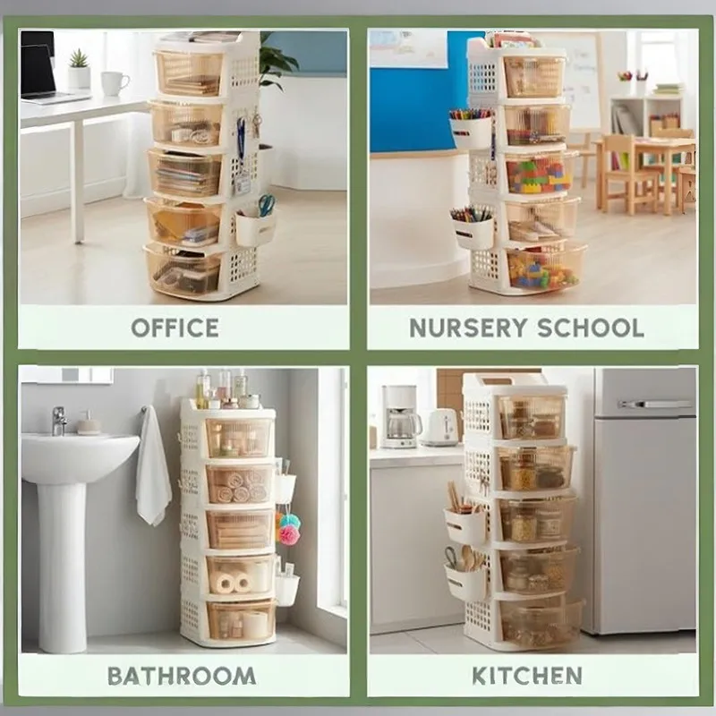 Ivory five-tier organiser shown in office, nursery, bathroom and kitchen settings