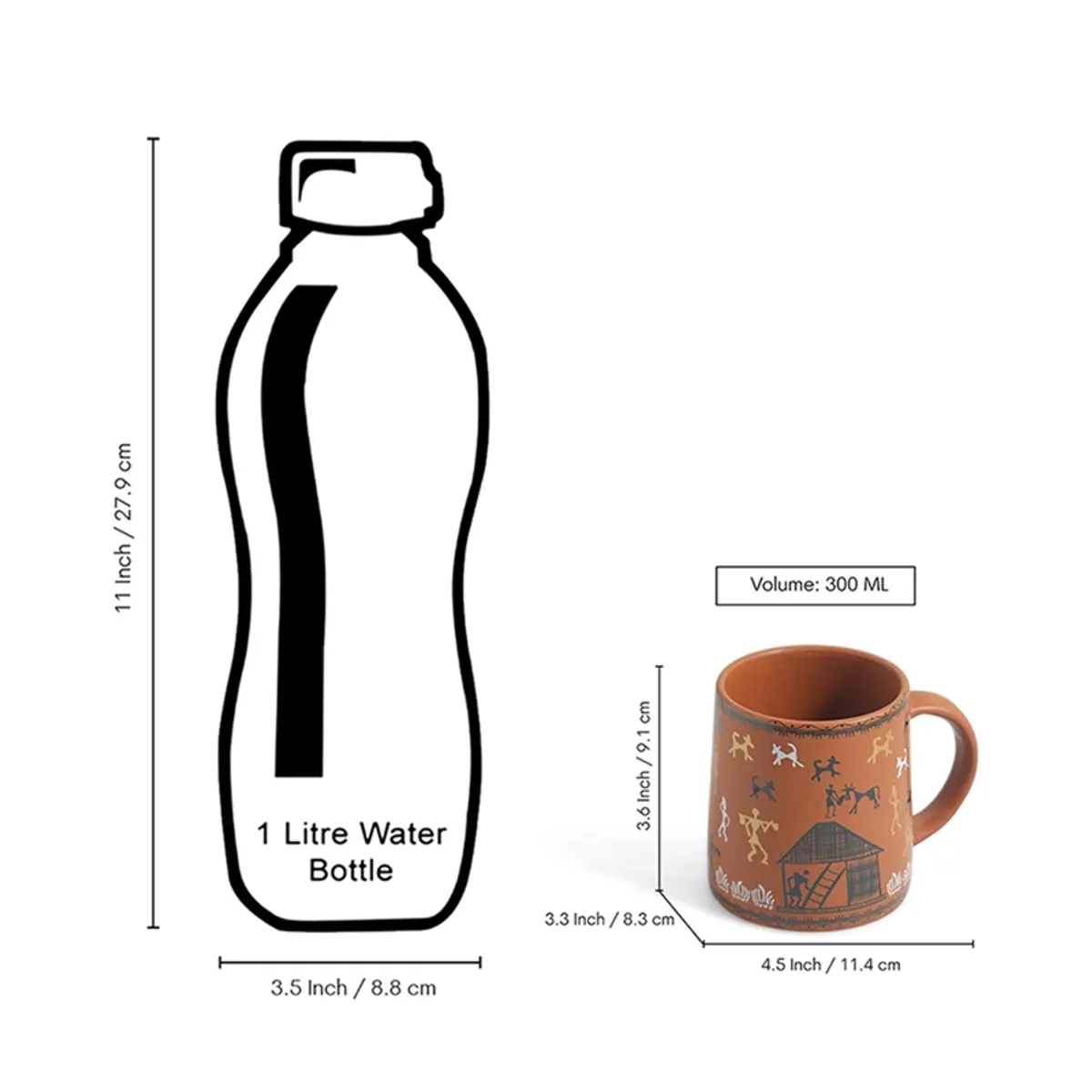 Brown Warli-art mug shown beside a bottle for size comparison.