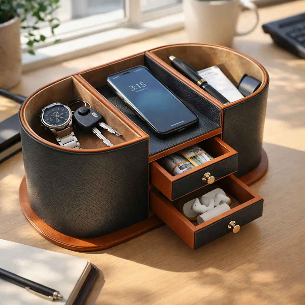 Grey and brown desk organiser holding a phone, watch, keys and small everyday items
