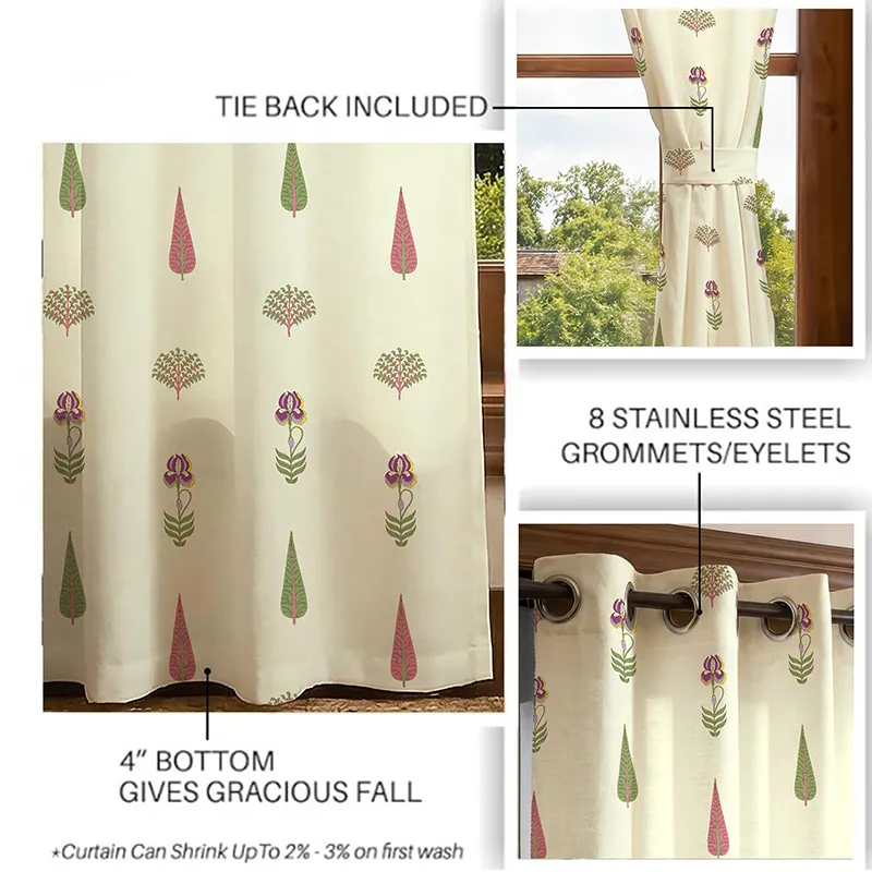 Printed off-white curtain shown with tied-back panel and eyelet top