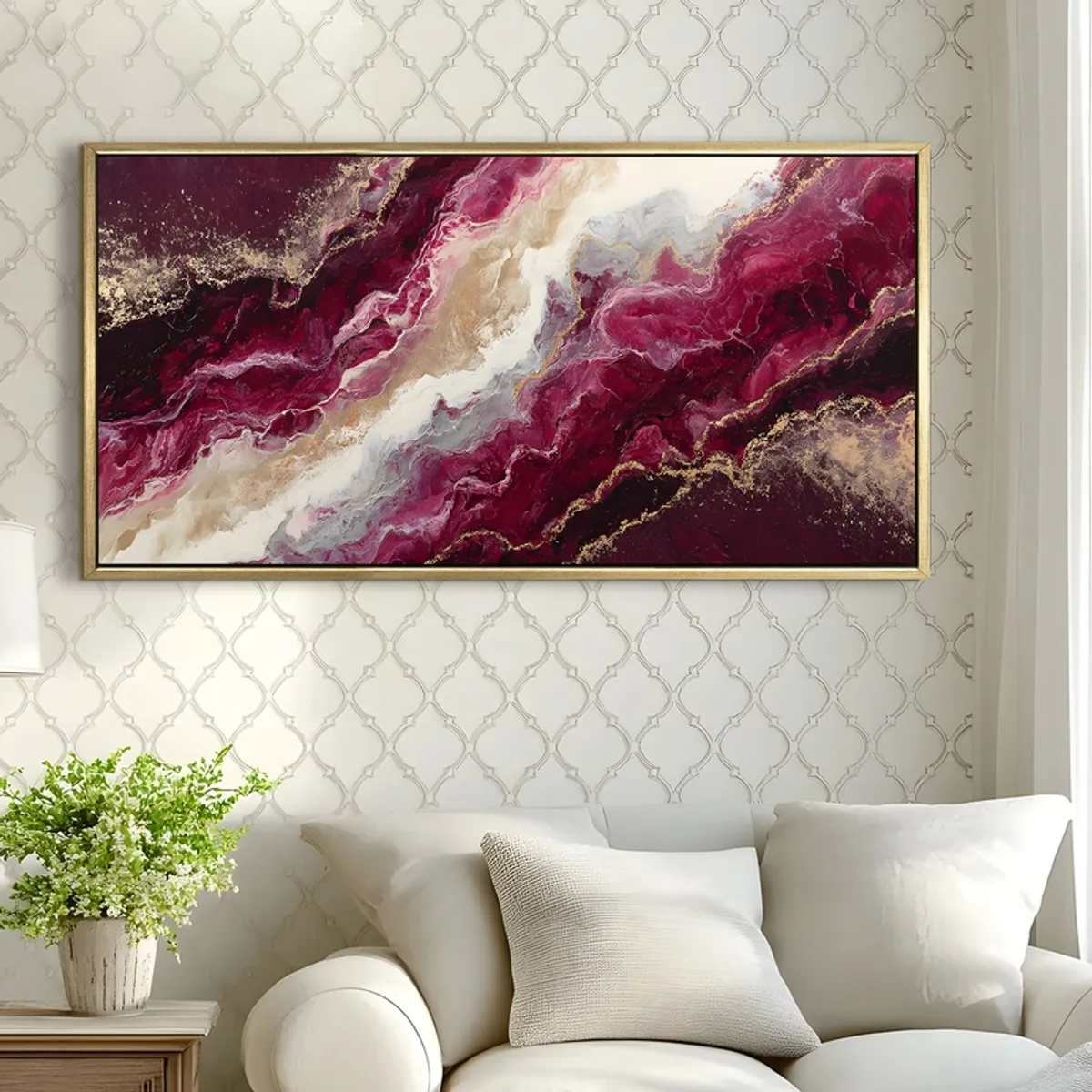 Large framed abstract wall painting displayed above a white sofa