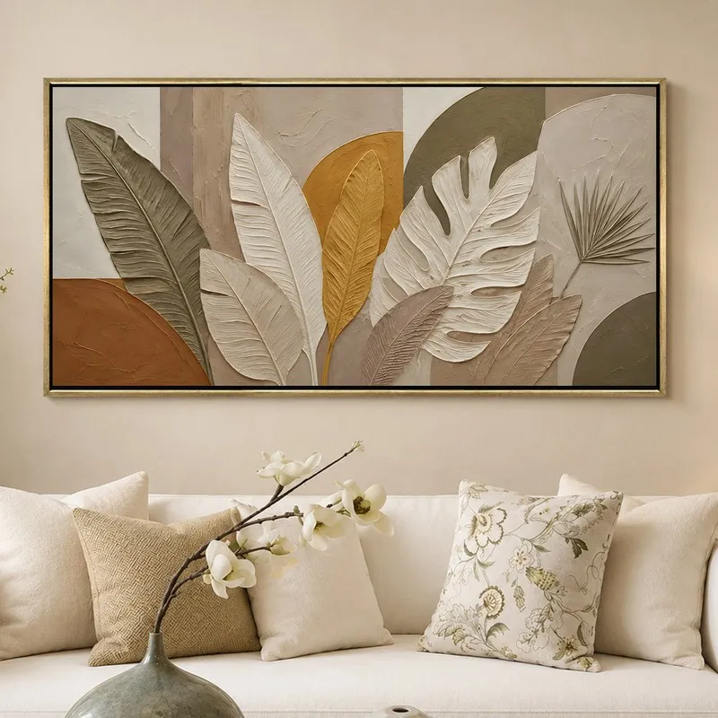Large rectangular botanical wall painting with gold frame above a sofa