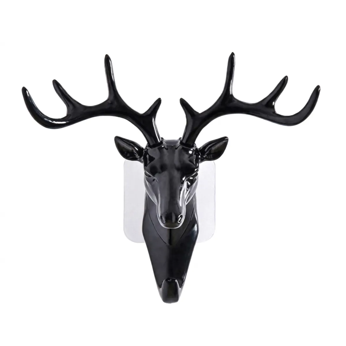 Front view of a glossy black deer head wall hook on a white background