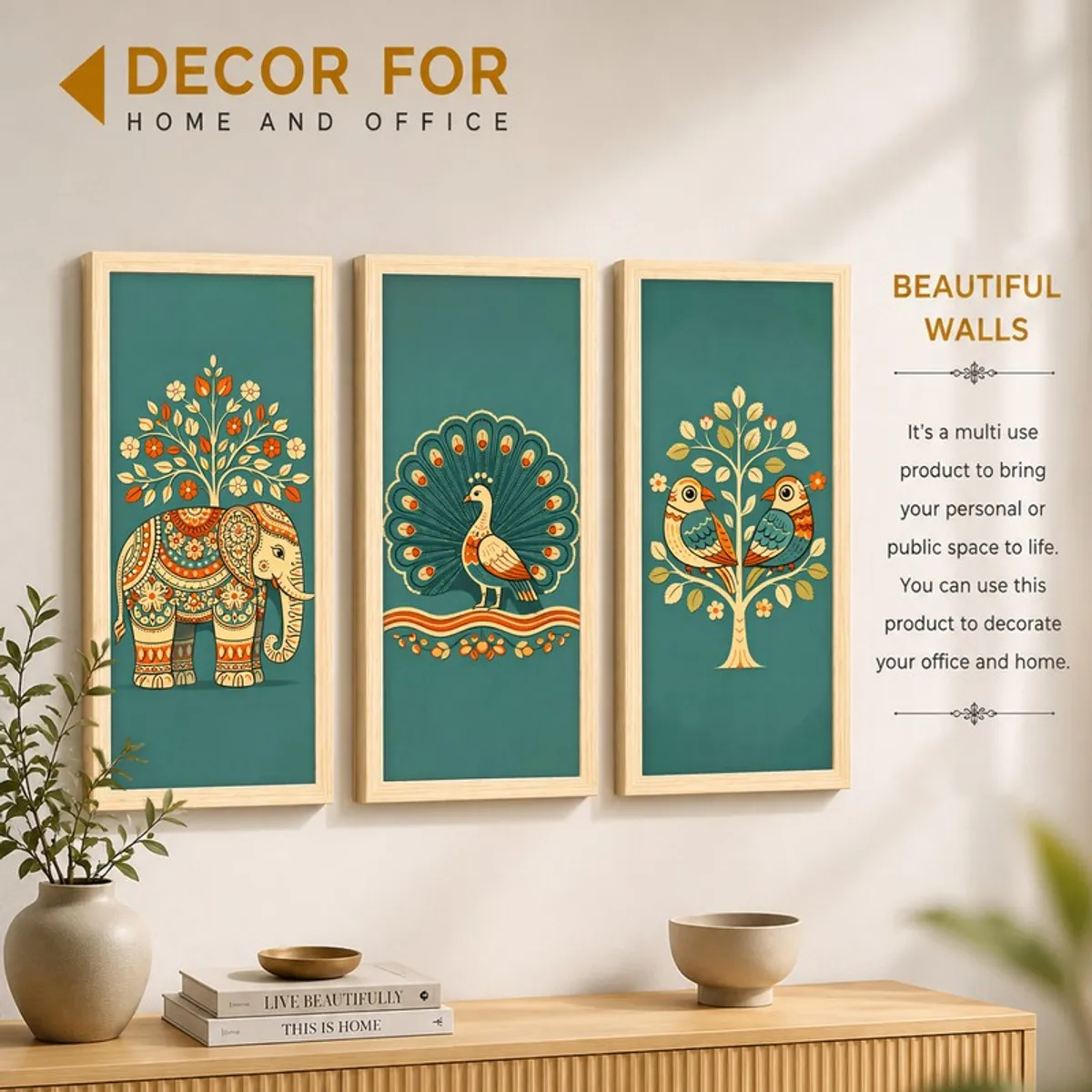 Three framed teal art prints displayed above a console with traditional animal and bird motifs