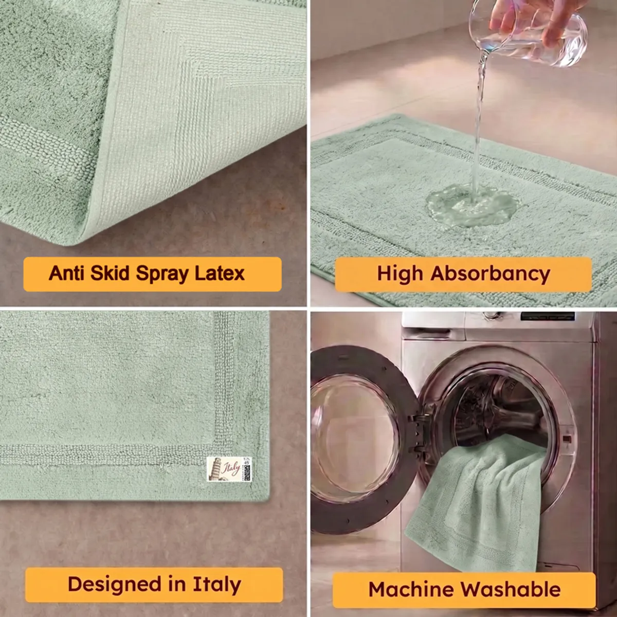 Close-up of green bath mat backing and moisture absorbency demonstration