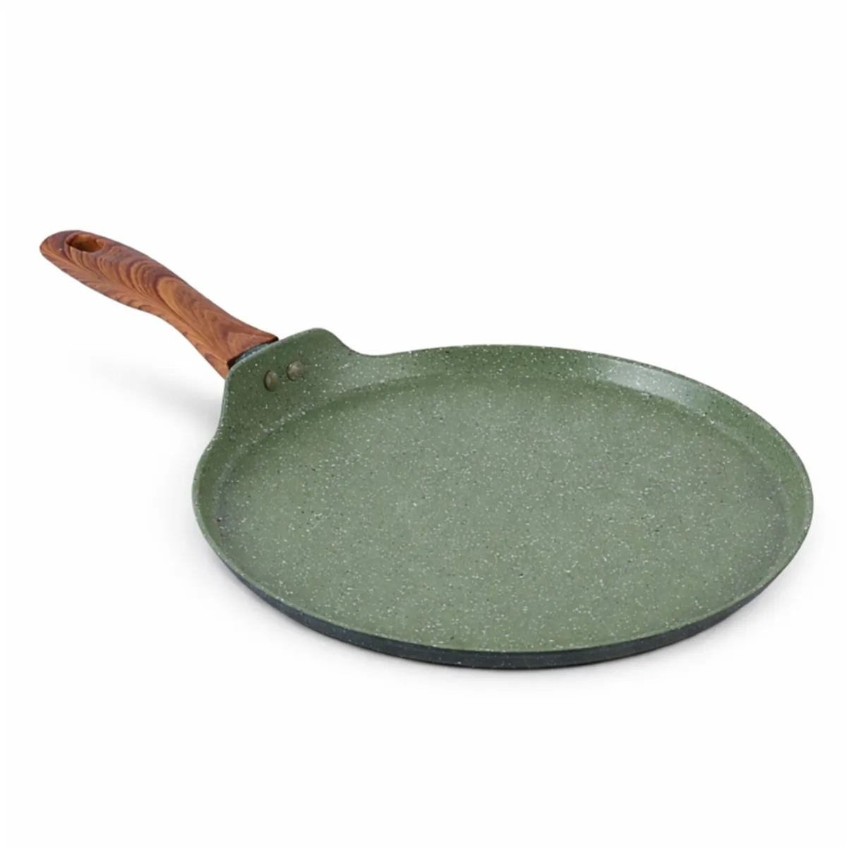 Moss green round dosa tawa with wooden-look handle on a white background