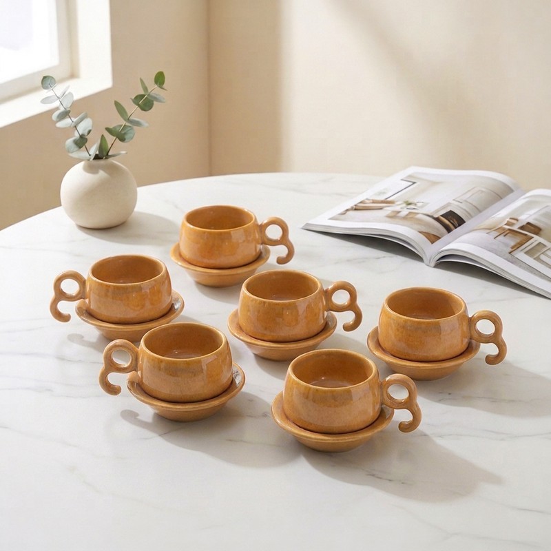Cafe Charm Ceramic Cup & Saucer Set (Beige/200 mL Each) - Set of Six - 200 mL